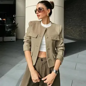 HXAO Jacket Outerwears Long Sleeve Women's Cropped New In Jackets Button Khaki Tweed Jacket Woman Autumn Elegant Womens Jackets