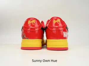 Unisex Red Yellow Gloss Patent Leather Low Top Skate Sneakers Black Star Graphic Casual Shoes Block Shiny Leather Street Sneakers Cushioned Flat Sole