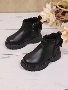 Girls' Flat Boots with Faux Fur Bow Side Decoration, Zipper Design for Fall & Winter Outdoor Activities, Casual Wear for Girls, Fuzzy Boots