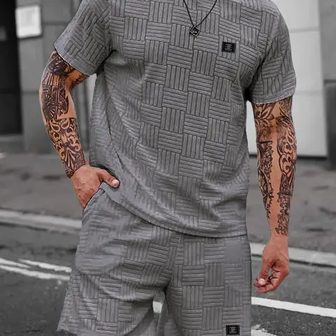 Men's Letter-Patch Short-Sleeve T-Shirt and Shorts Loungewear Set, Regular-Fit Casual Comfy Round-Neck Sleepwear Casual Pajamas for All Seasons