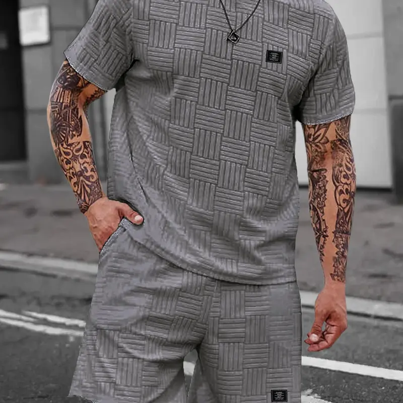 Men's Letter-Patch Short-Sleeve T-Shirt and Shorts Loungewear Set, Regular-Fit Casual Comfy Round-Neck Sleepwear Casual Pajamas for All Seasons