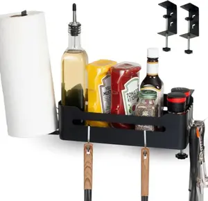 Heavy Duty Griddle Caddy for Blackstone & Prep Cart, Side Shelf Organizer with Paper Towel Holder, Space Saving BBQ Grill Accessory Storage Box with 6 J-Hooks