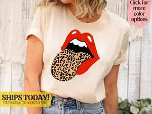 Rolling Stones Tshirt, Red Lips Leopard Print Tongue T Shirt, Size S to 5XL White