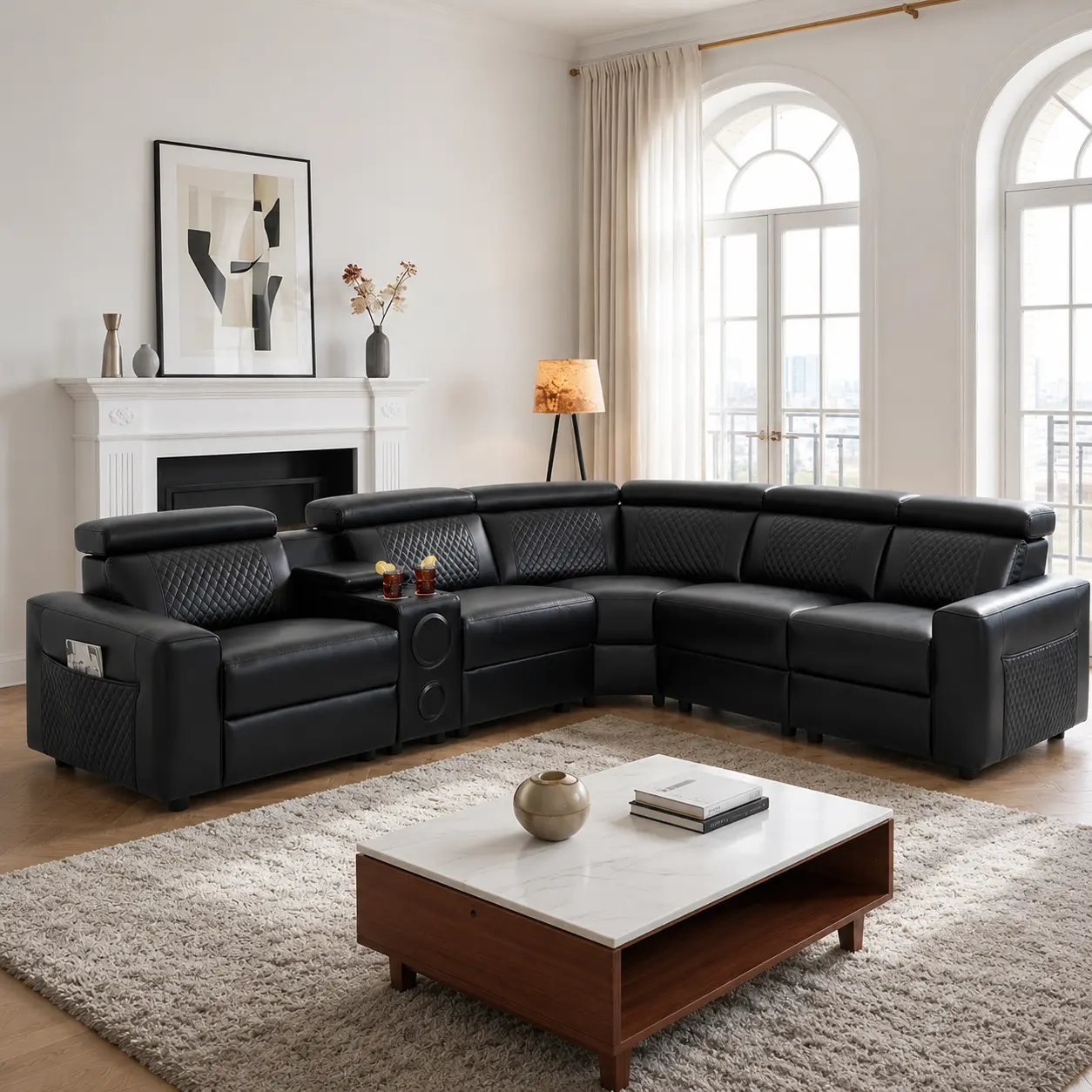 Power Reclining Sectional Sofa, L-Shaped PU Leather Recliner Couch with Blue LED Lights, Storage Console, Cup Holders & USB Charging, Black