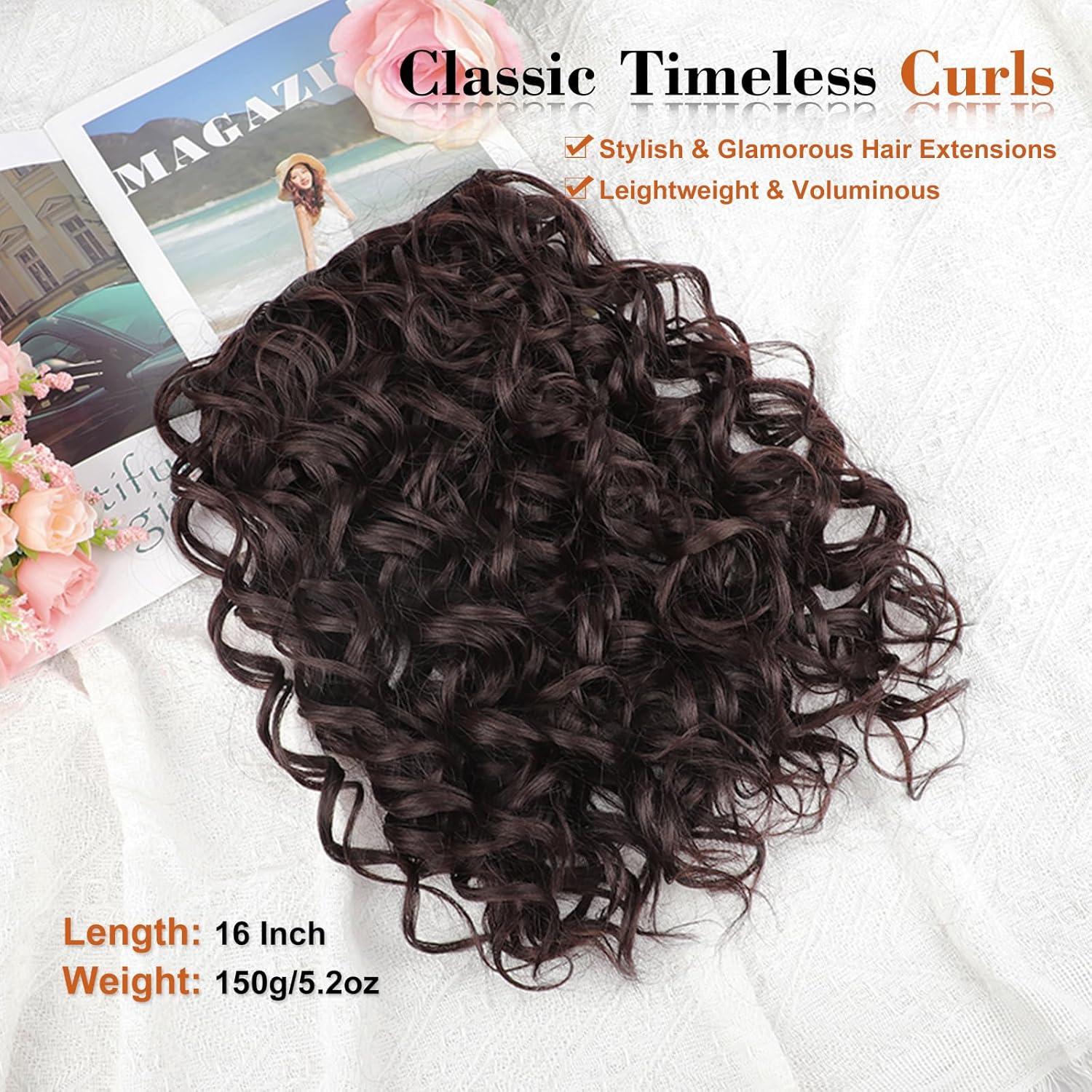 Curly Hair Extensions,16inch Clip in Hair Extensions 4Pcs Short Soft Natural Hairpiece Lace Weft Curly Wave Clip Ins Extensions Invisible for Women Daily Use,Chocolate Brown