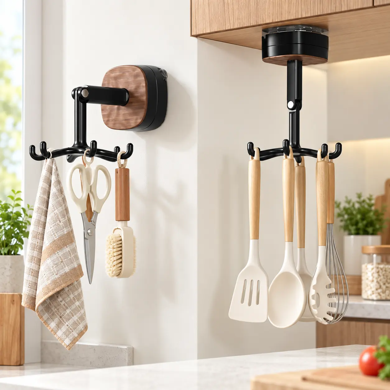 6-Claw Metal Wall-Mountable Hook Organiser, 360° Rotatable, Space-Saving Fold, Folds Flush Flat, No-Drilling Vacuum Installation, 6-Claw Item Grab, Fits Glass/Tiles, for Kitchen Utensils, Bathroom Towels