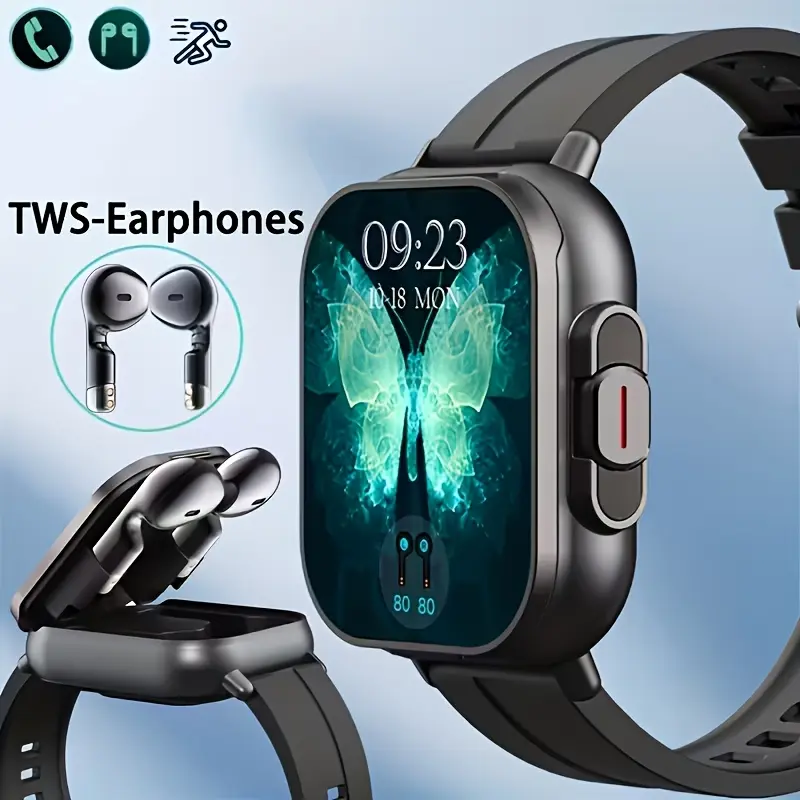 2-in-1 Smart Watch with Built-in TWS Wireless Earbuds, Bluetooth Call, Music Playback, Fitness Tracker for Android & iOS Sports Collectibles Accessories