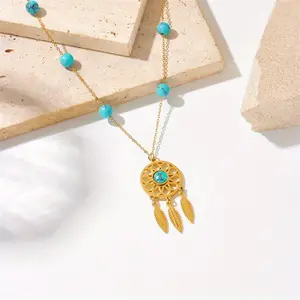 Golden Stainless Steel Jewelry Plated with Genuine Turquoise Beaded Dream Catcher Pendant Necklace - French Sweet and Romantic Style, Versatile for Women