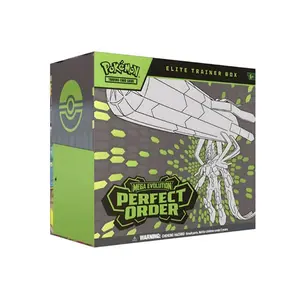 Pokémon Perfect Order ETB Elite Trainer Box Mega Evolutions Era contains 9 Packs, Tyrunt Full-Art Foil Promo, 65 Sleeves, 40 Energy Cards, Player's Guide, dice, and collector's box.