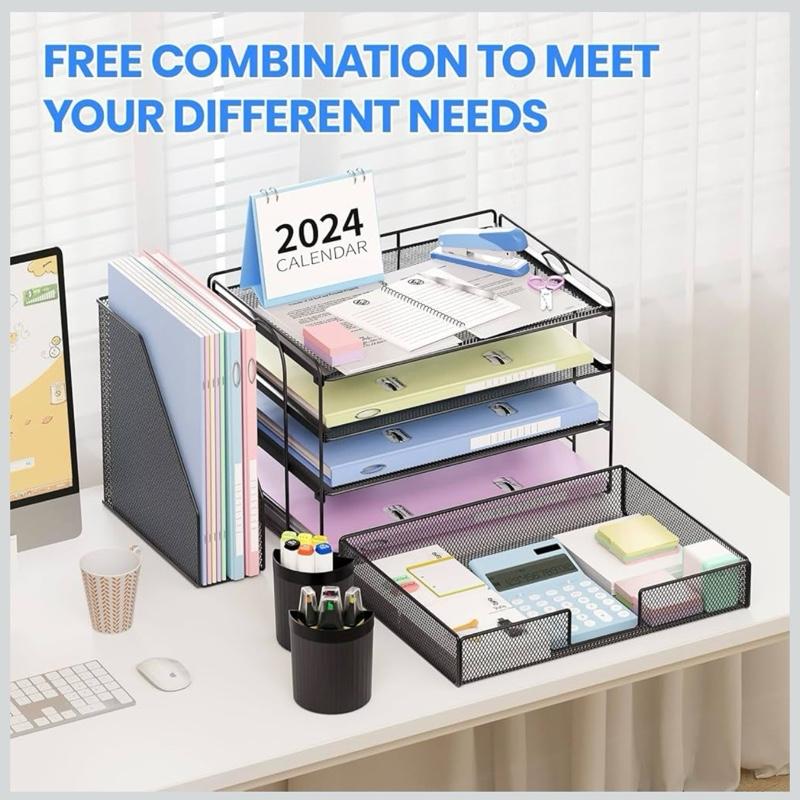 OPNICE Desk Organizer, 4-Tier Desktop File Organizer with Drawer and 2 Pen Holders, Office Desk Accessories, File Sorters, Workspace Organizers for Office Supplies(Black)