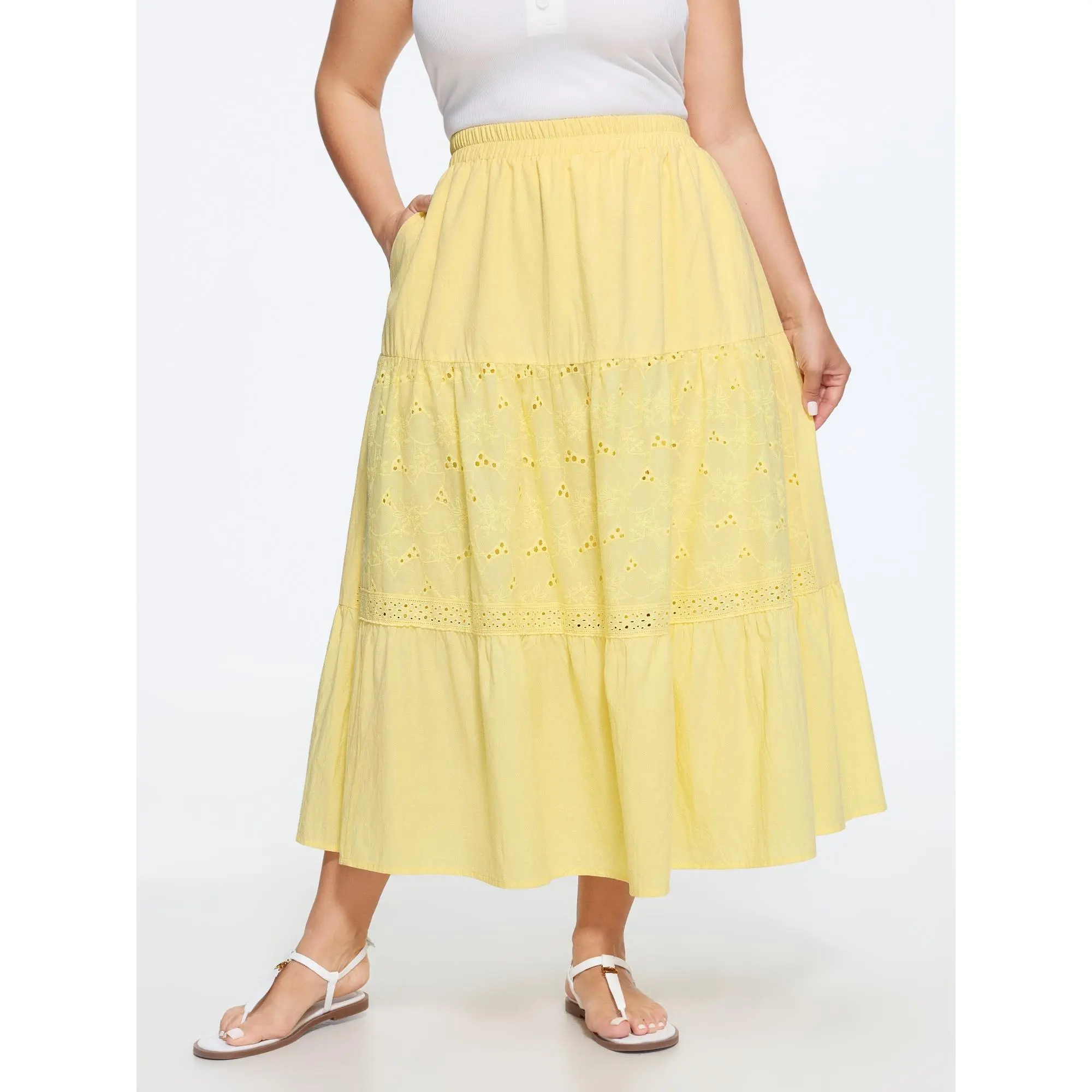 BLOOMCHIC Women's Plus Size Cotton Eyelet Patchwork Tiered Midi Skirt[M-6X] 2026 Summerfinds