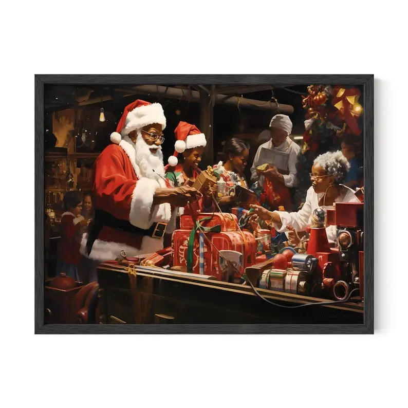 Black Santa Claus & Mrs Claus On Christmas Eve Wall Art, Christmas Wall Decor, Black Santa