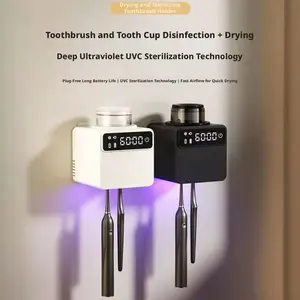 Smart UV Toothbrush Sanitizer and Dryer 2 Slots with Tooth Cup Holder No Drill Wall Mount Bathroom Organizer Mounted USB Rechargeable Dispenser Touchless