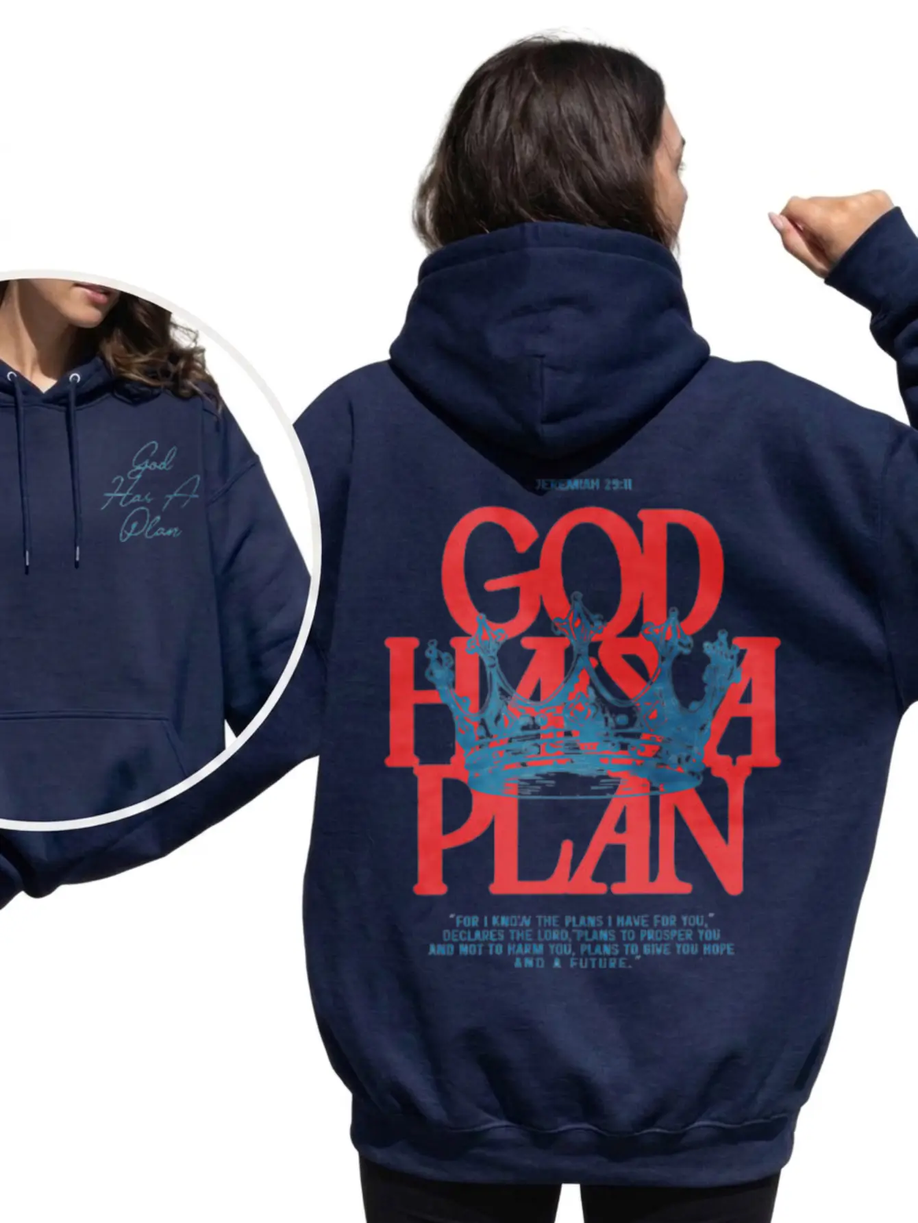 ZORVIC STUDIO Women Oversized Christian Hoodie Double Sided God Has A Plan Crown Graphic Sweatshirt Jeremiah 29 11 Bible Verse Faith Based Streetwear Aesthetic White Casual Loose Fit Hooded Pullover Tops Trendy Jesus Outfit Religious Gift