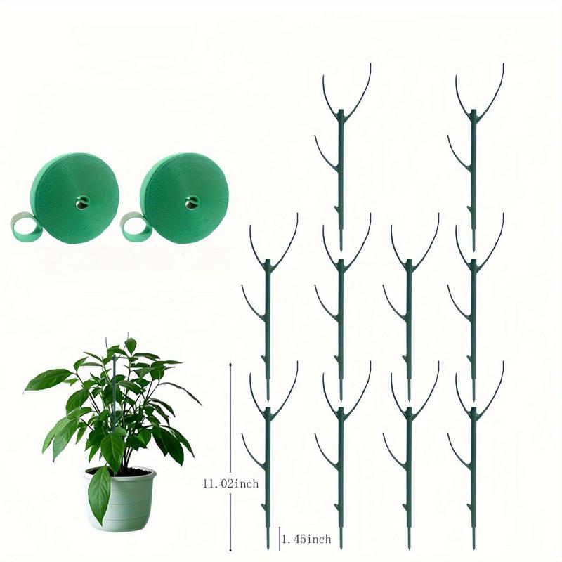 10 Pieces Stackable Plant Support Stakes with 2 Rolls of Tape - Green Plastic Cages for Tree Branch Fencing, Climbing Plants, and Indoor/Outdoor Potted Flowers, Climbing Plant Support|Leaf Design Stake|Durable plastic stakes, plant support clips