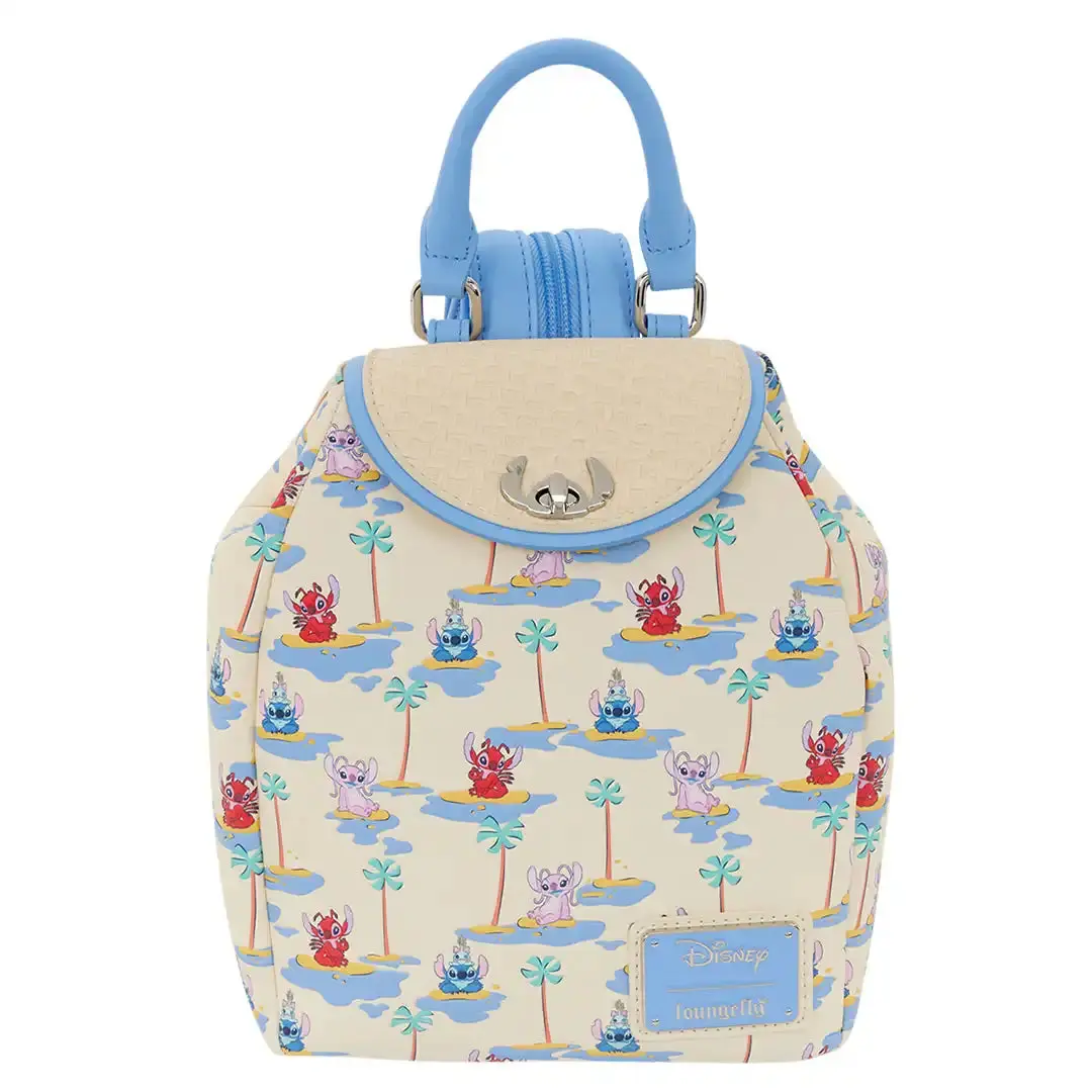 Loungefly Disney Lilo & Stitch Angel Faux Leather Compact Micro Mini Backpack Purse - Collectibles, All-Over Print Lilo & Stitch Art, Colorful Playful Design, Basket Weave, Embossed Detailing, Custom Turn-Lock Clasp, 6.75” W x 8.25” H x 4” D
