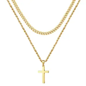 Twist Chain + Cuban Chain Dual Style Stackable Cross Necklace, Super Cool Stackable Necklace for Men's Outfits