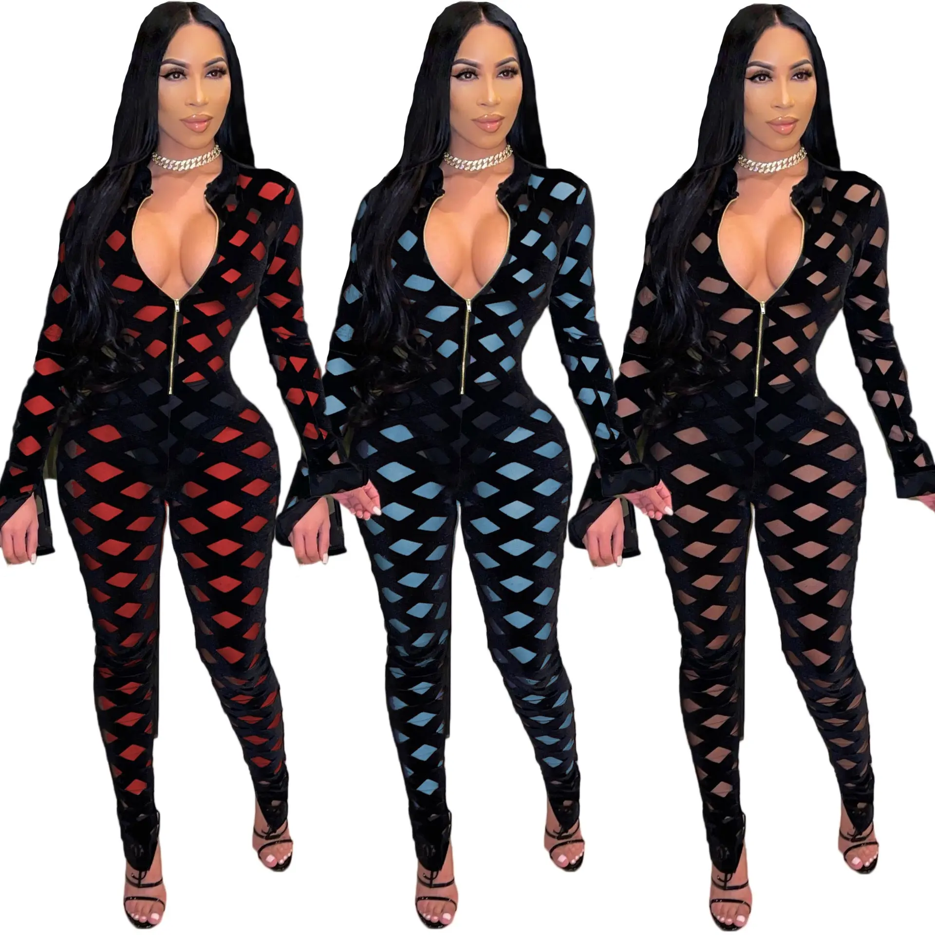 Mesh Sheer CrissCross Colorblock Pattern Women's Long Sleeve Deep V-Neck Skinny Women's Zipper Jumpsuit