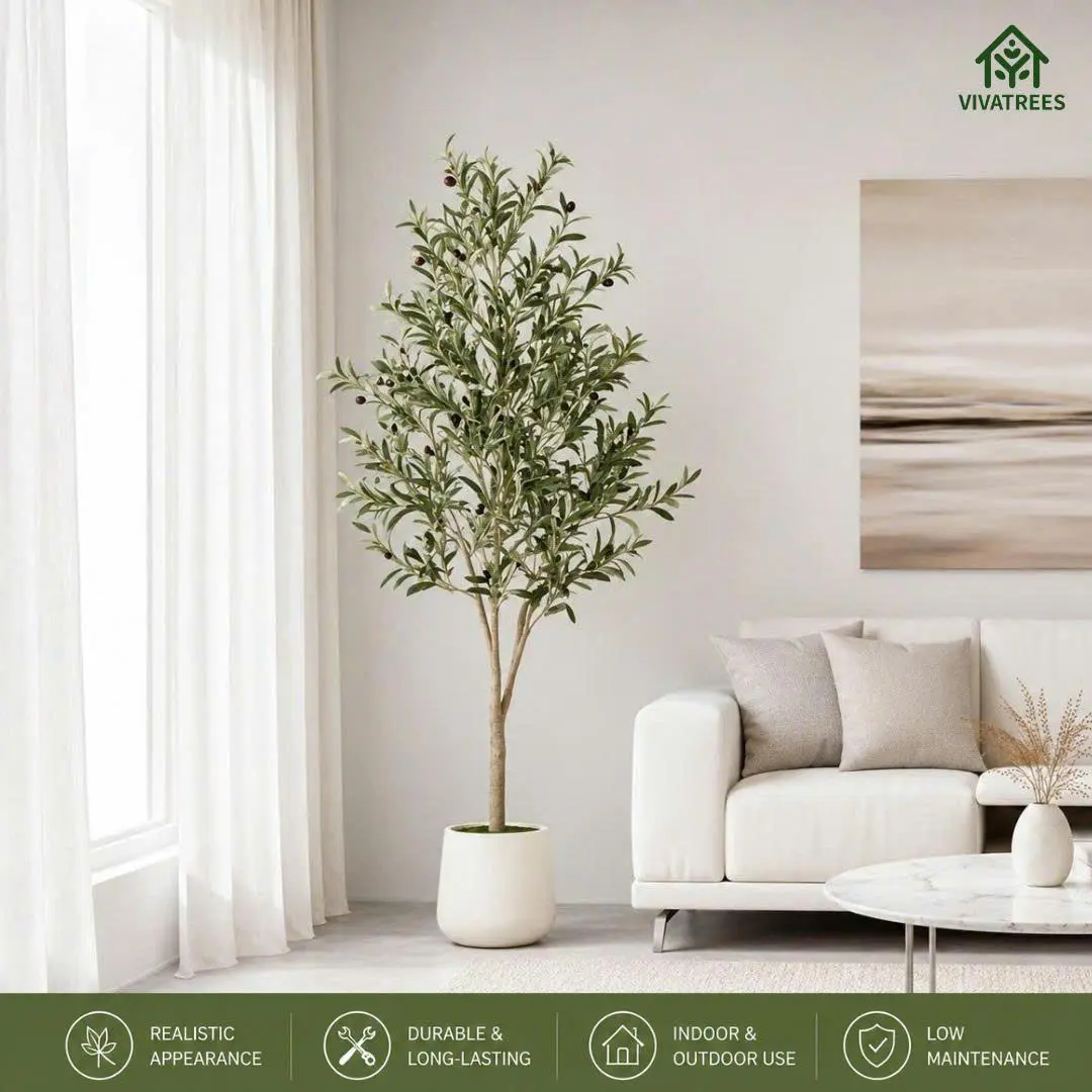 5/6/7FT Artificial Olive Tree Tall Faux Potted Plant with Natural Wood Trunk Lifelike Fruit Faux Tree for Home Office Decor