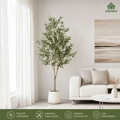 5/6/7FT Artificial Olive Tree Tall Faux Potted Plant with Natural Wood Trunk Lifelike Fruit Faux Tree for Home Office Decor