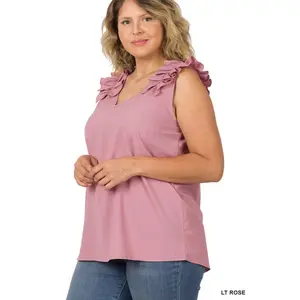 ZENANA Plus Woven Wool Dobby Ruffle Trim Sleeveless Top