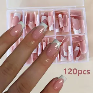 120 pieces of shiny solid color wearable nail, white pink square, Square Nail Tips, medium to long, suitable for both hands and feet, salon grade quality fake nails, easy to stick cute nail accessories, smooth surface
