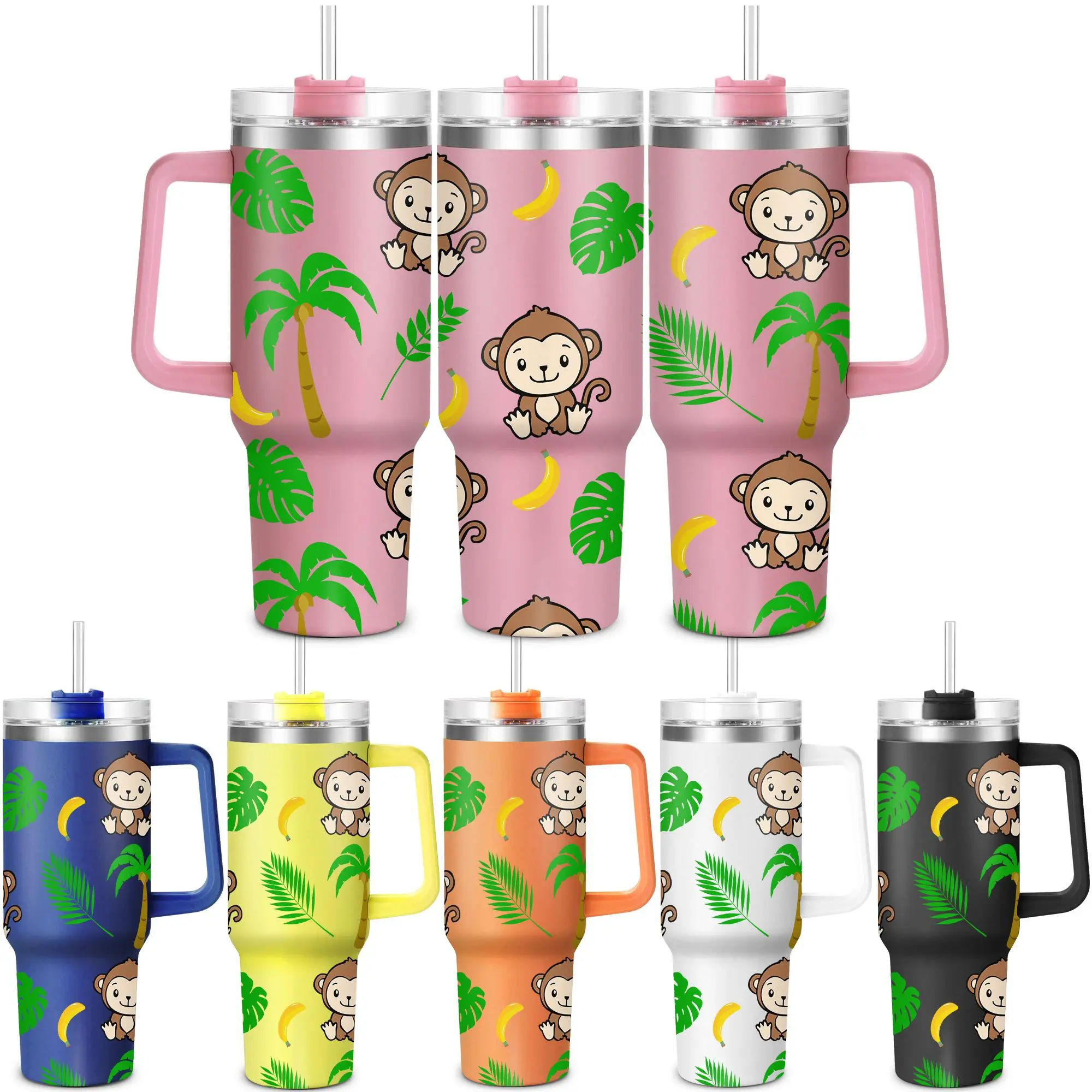 Monkey Pattern Leak Resistant Tumbler, 1 Count 40oz Stainless Steel Water Bottle with Straw & Handle, Drinking Cup for Home Office School Outdoor Camping, Drinkware