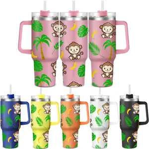 Monkey Pattern Leak Resistant Tumbler, 1 Count 40oz Stainless Steel Water Bottle with Straw & Handle, Drinking Cup for Home Office School Outdoor Camping, Drinkware