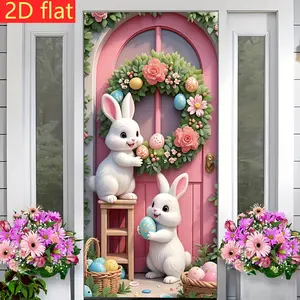 Easter Door Banner Decoration, Wooden Design with Rabbits & Colorful Eggs, Perfect for Holiday Parties & Easter Celebrations