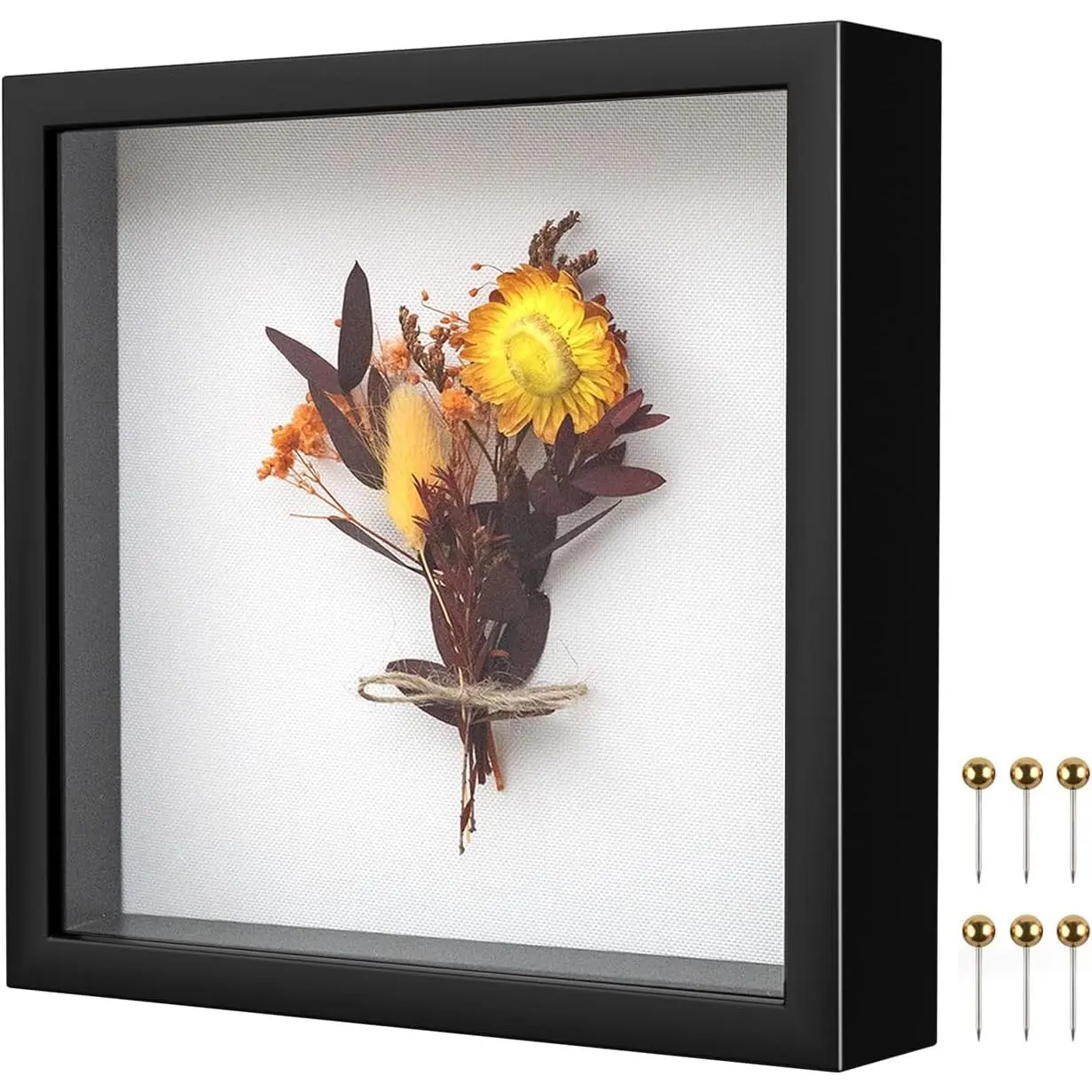 8x8 in Classic Square Synthetic Shadow Box Frame - Wall-Mounted/Table Dual Placement Home Decor, Preserving Photos & Collectibles, Includes Soft Linen, Push Pins, Polystyrene Glass Case, Secure Packaging, Black