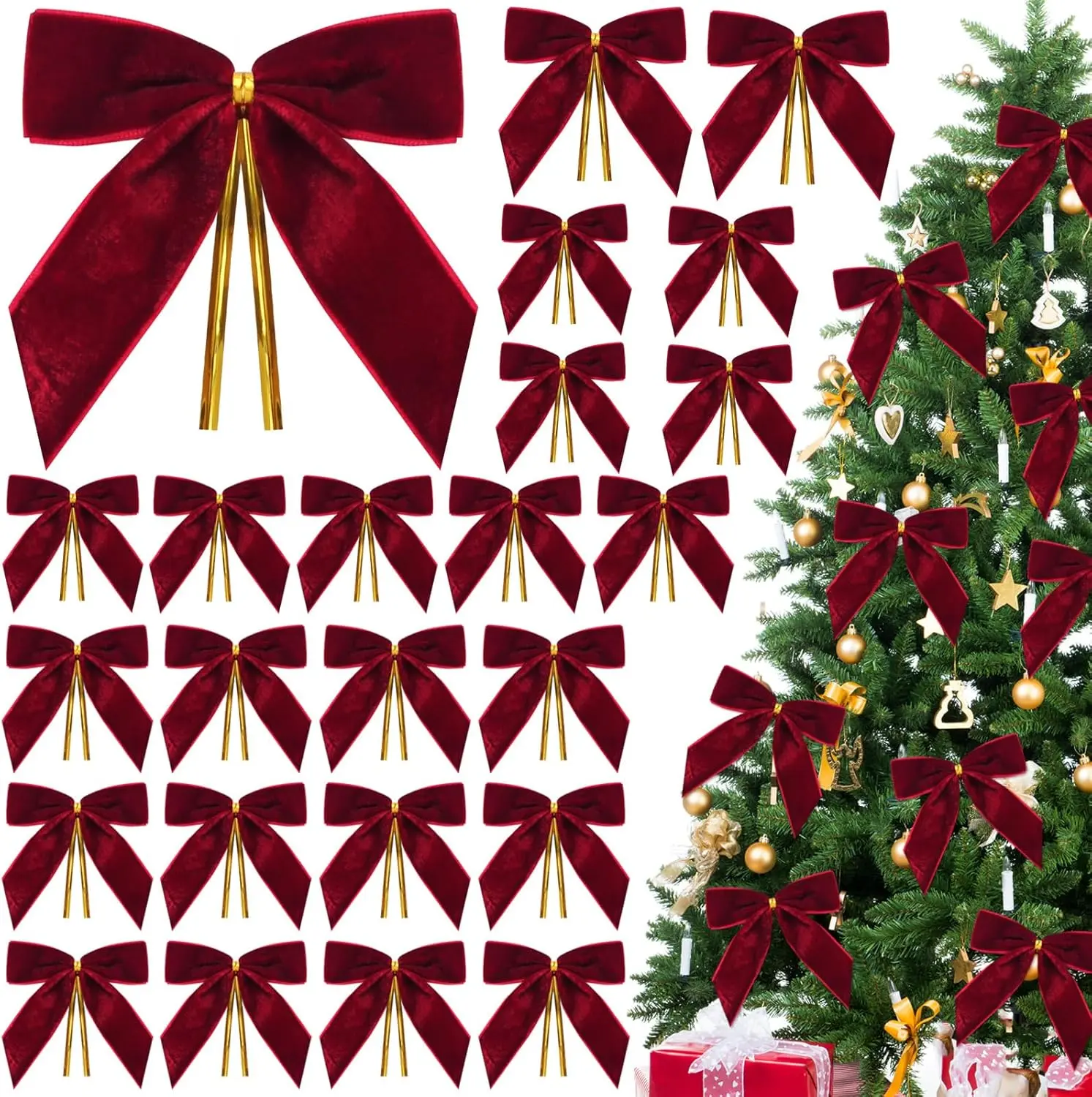 24 count  Bows for Christmas Tree,Small  Ornaments Christmas Tree Bows for  Wrapping Door  Garland Wreath,Rustic Holiday Decor-1" Wide,3.5 x 3.5 Inch (Burgundy)