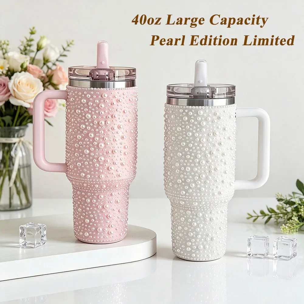 1pc 40oz Large Capacity Solid Stainless Steel Tumbler - Stylish Pearl Diamond Decor, Reusable Spill-Proof Vacuum Flask, Suitable for Home & Outdoor Use, Ideal Gift for Friends & Family