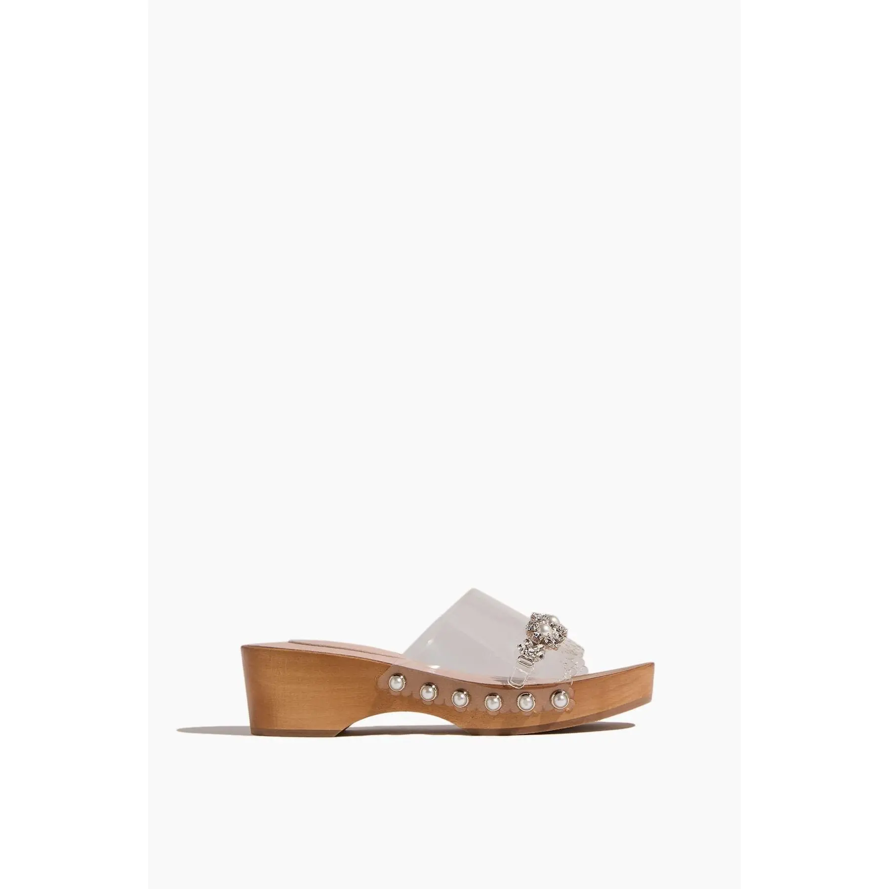 Embroidered Scalloped Wooden Clog in Clear/Pearl