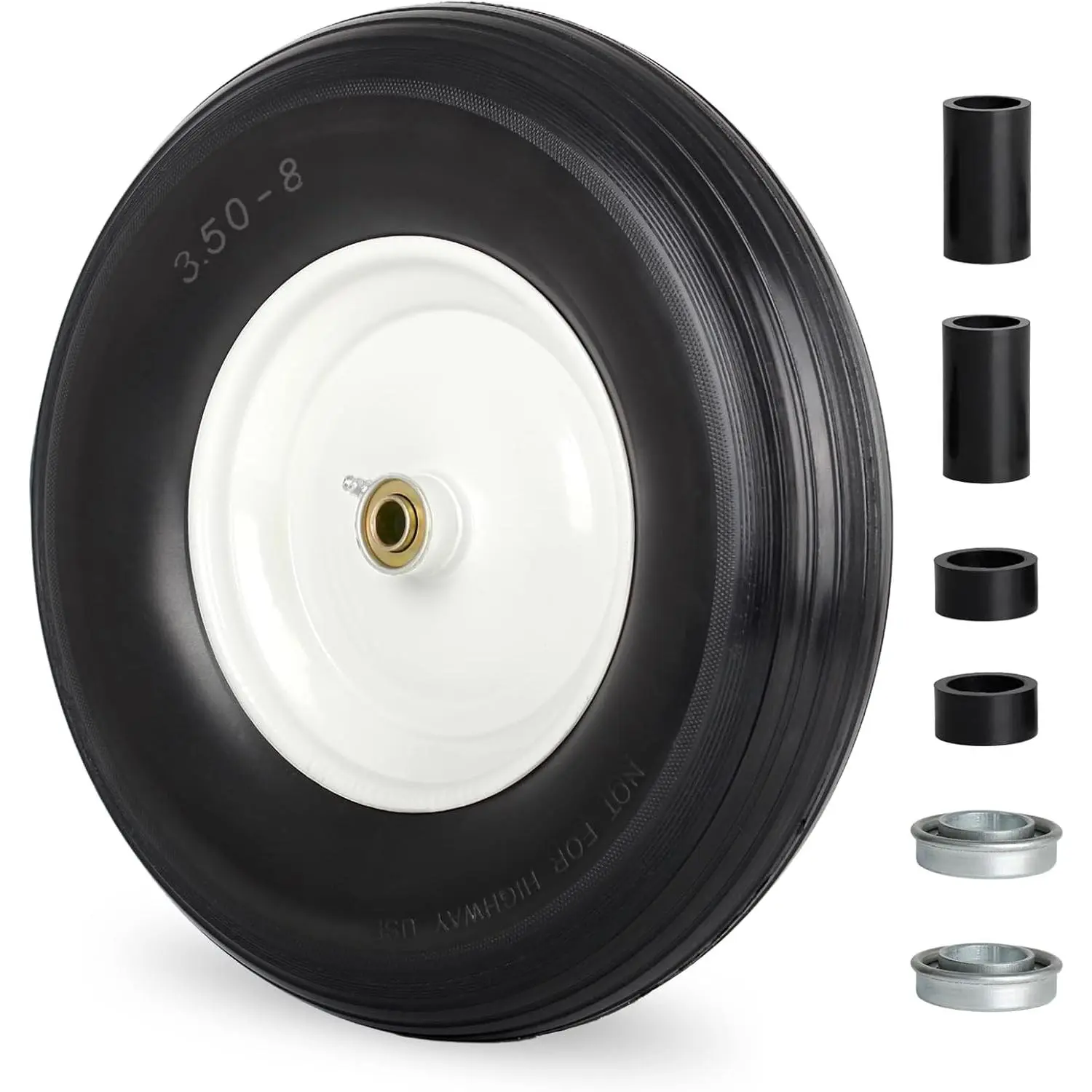 HahZen SPORT 14.5" Dia. Universal Fit Flat Free Polyurethane Solid Tire Wheelbarrow Wheel - Double-Sealed 5/8" Bearing, Extra 3/4" Bearing, 3"-6" Centered Adaptable Hub, Fits 4.80/4.00-8,3.50/2.50-8,4.00-6,4.00-8