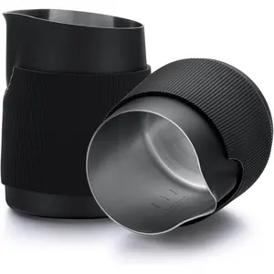 Handleless Milk Pitcher - Espresso Steaming Pitcher with Round Spout - 18/8 Stainless Steel Milk Frothing Jug, Black Non-Stick - Premium Barista Tools - Black - 15.2 oz (450 ml)