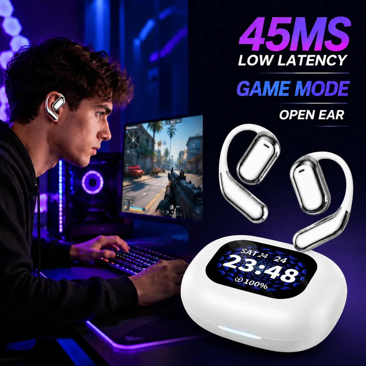 Smart Screen Open Ear Earbuds, Bluetooth 5.4 Wireless Ear Clip Headphones, 45ms Low Latency Gaming Earbuds, HiFi Sound, AI Noise Cancelling Mic, IPX5 Waterproof