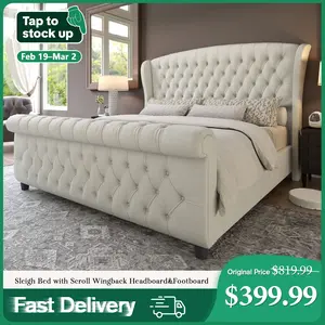 [FebruaryStockUpSale] AMERLIFE Platform Bed Frame,Velvet Upholstered Sleigh Bed with Scroll Wingback Headboard&Footboard/No Box Spring Required/Christmas Gift/Best Gift Ideas