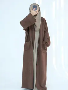 Women's Solid Pocket Open Front Suede Coat, Casual Basic Long Sleeve Outerwear for Fall & Winter, Ladies Clothes for Daily Wear, Womenswear