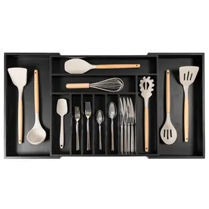Premium Silverware, Flatware and Utensil Organizer for Kitchen Drawers, Food-Safe Contract Grade, Expandable from 18 to 33 In, Black Bamboo Boxes Knives