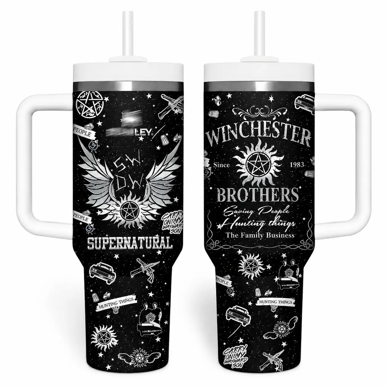 Supernatural Winchester Brothers 40oz Tumbler with Handle & Straw, Saving People Hunting Things Insulated Stainless Steel Travel Mug, Family Business Horror TV Fan Gift, Black Gothic Cup