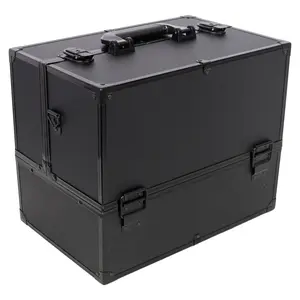 Professional Large Makeup Train Case 14Inch Lockable Cosmetic Organizer Box with 6 Adjustable Trays Spacious Compartments Black Durable Travel Ready