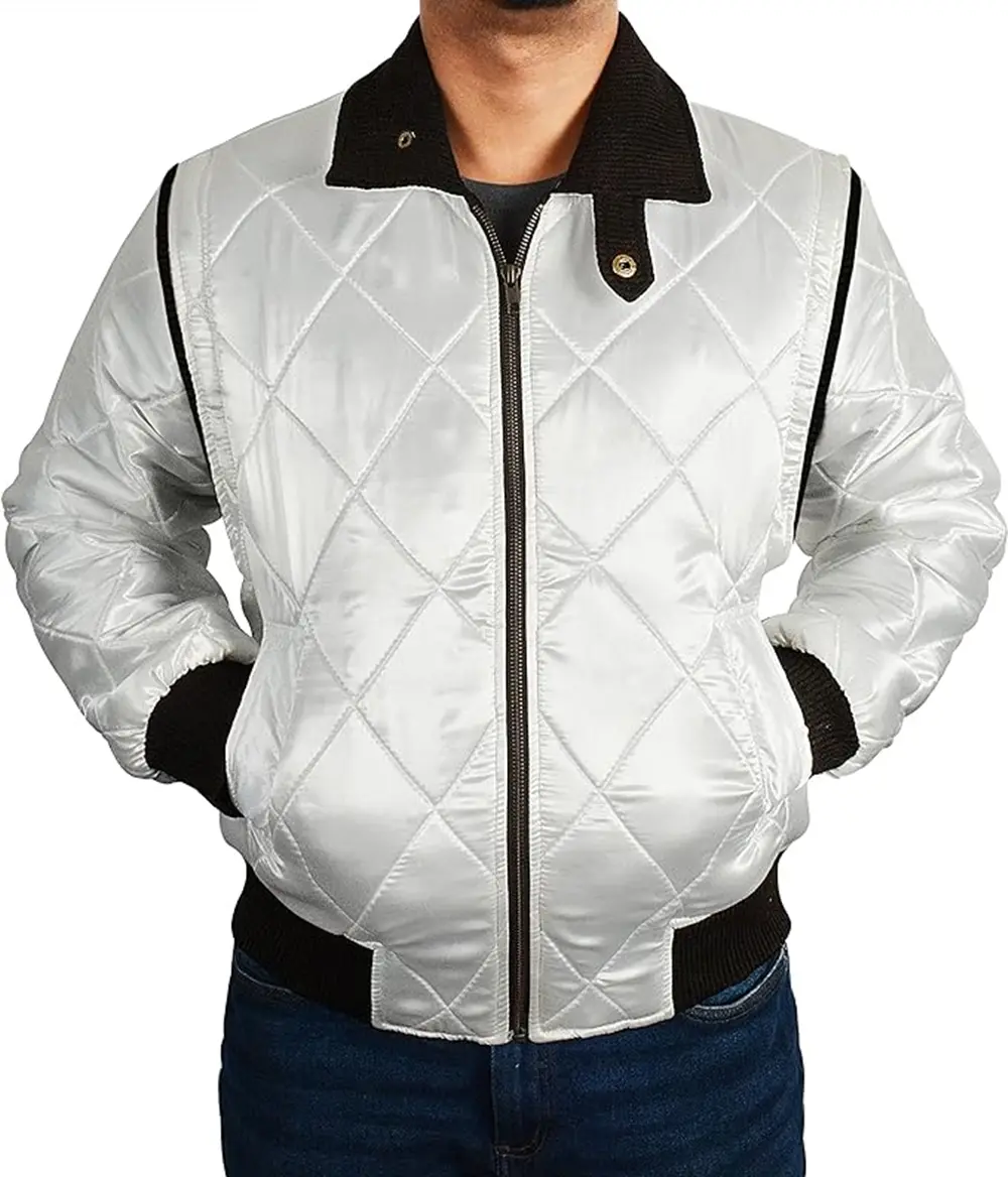 Ryan Gosling Drive Jacket - White Satin Bomber for Men, Stylish Long Sleeve Casual Menswear, Iconic Fashion Coat with Dress Collar Solid Color Puffer Boat