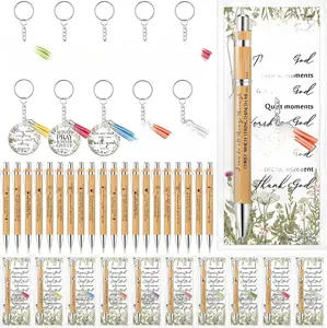 10 Sets Christian Gifts Bulk Bible Verse Bamboo Pen Christian Floral Keychain Inspirational Bookmark Religious Pen Gift for Church Women Visitor Teacher Sunday School