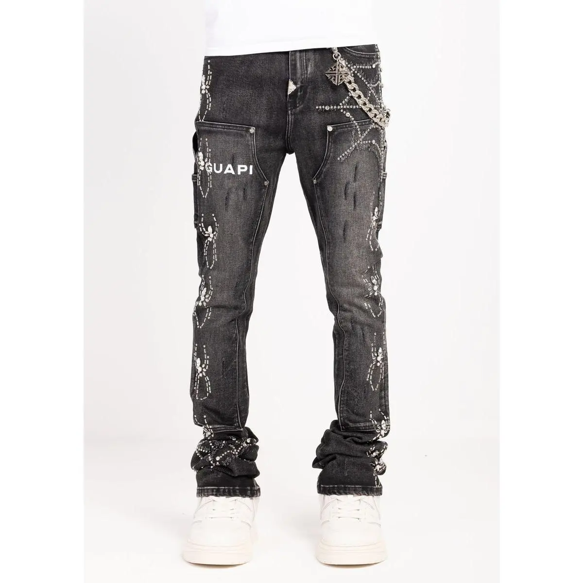 Men's Skinny Flare Jeans in Black Wash Denim with Rhinestone Spider Web Graphic, Geometric Chain, and Utility Pocket, Chain Detail, Chain Accent Men's Jeans