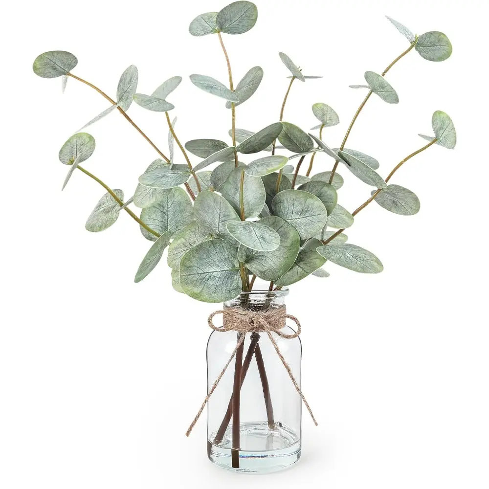 13.5in Durable Minimalist Round Green Eucalyptus Artificial Plastic Leaf Stems in Glass Vase with Faux Water, Fake Greenery Decoration for Home Kitchen Coffee Table Centerpieces, Farmhouse Weddings