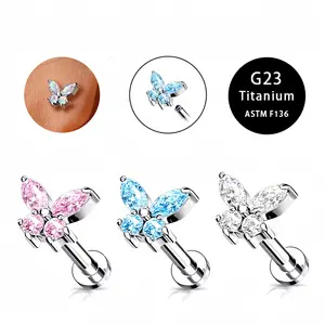 HERVAY 18G 8MM Hypoallergenic Titanium & Stainless Steel Lip/Ear/Nose Ring - Pink White Butterfly Triangle - Labret/Helix Studs | Medusa/Conch/Lobe/Tragus - Unisex Piercing Body Jewelry