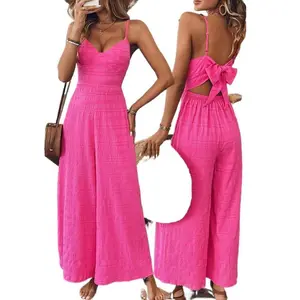Women's Plain Bow Decor Spaghetti Strap Jumpsuit, Hot Pink Casual Sleeveless  Jumpsuit for Daily Wear, Ladies Clothes for All Seasons, Womenswear, Solid Color Jumpsuit, Spaghetti Strap Overalls, Summer Jumpsuit