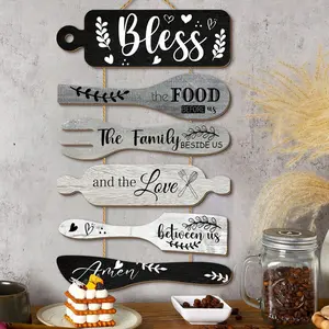 Rustic Kitchen Wooden Wall Decor Set, 'bless' Family Blessing, Vintage Cutlery Design, Cozy Home Decoration, Plaque Decorations