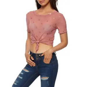 Star Print Mesh Knot Front Crop Top