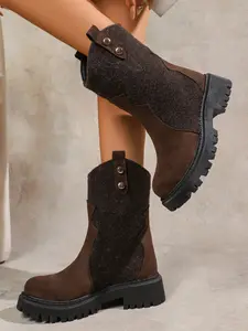 Women's Ankle Combat Boots, Round Toe Slip-On Design, Thick Rubber Sole for Warmth, Fashionable Winter Footwear